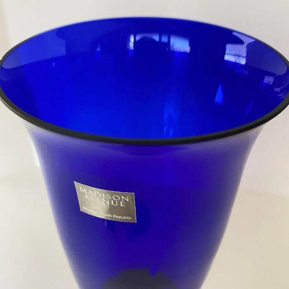 Madison Avenue cobalt blue crystal glass vase with green pedestal made in Czech